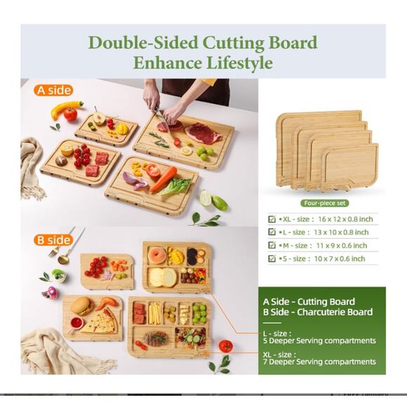 4-PCS Bamboo Cutting Board Set, Stand, Juice Groove & Handle, Double Sided - Picture 2 of 7
